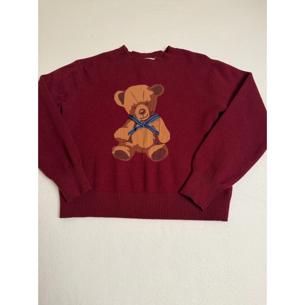 Willow & Wind Burgundy Teddy Bear Intarsia Knit Sweater with Bow Small